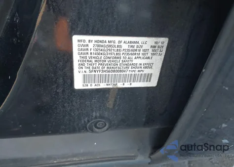 2013 Honda Pilot Ex-L из США, поврежденный, VIN 5FNYF3H56DB008047